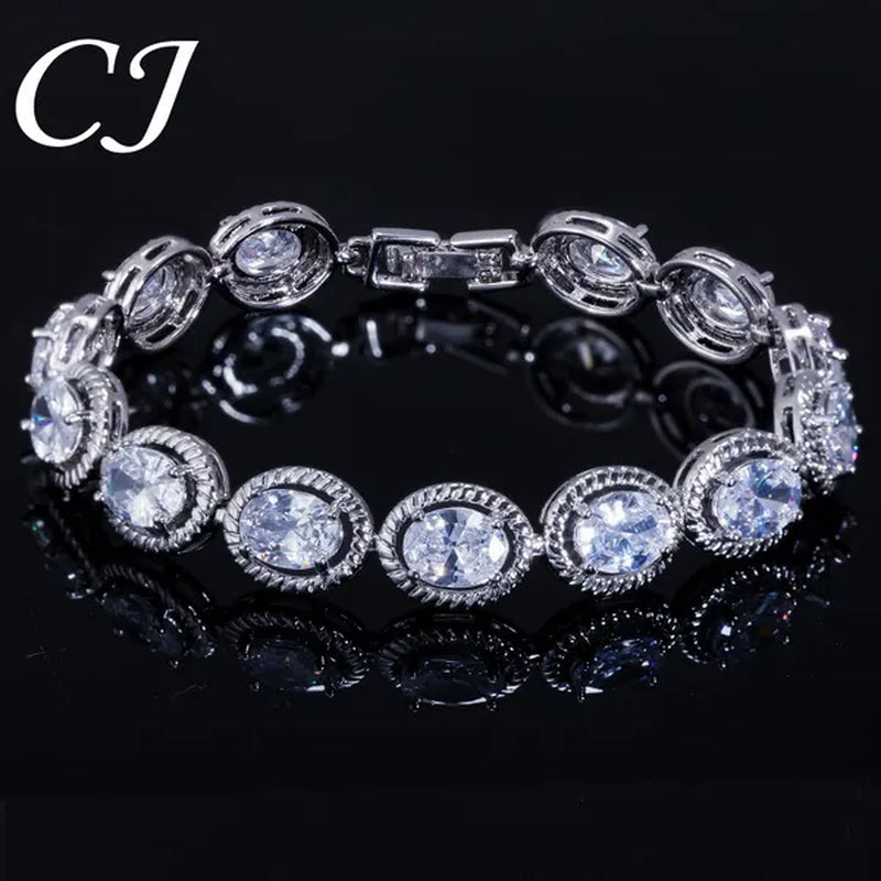 CANDICE Luxury Quality Oval Blue Crystal Women Strand Bracelet Bangles Setting Stylish Silver Plating CZ Hand Jewelry for Lady Anniversary Birthday Gifts