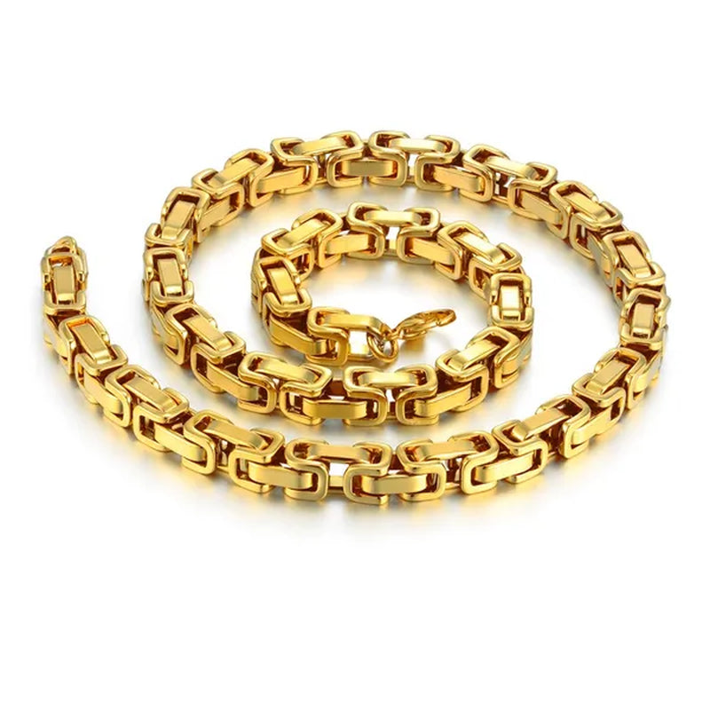 Vintage Silver 18K Gold Plated Chunky Men Titanium Stainless Steel Byzantine Box Necklace Chain XL827