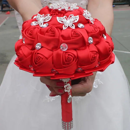 18CM Stunning Red Butterfly Diamond Flowers Brooch Stitch Wedding Bouquet Mariage Polyester Bride Holding Flowers Ribbon Bridesmaid Bouquet - WORLD TIME VISITS