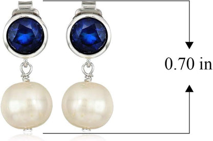925 Sterling Silver Bezel-Set Gemstone Birthstone and 8Mm White Freshwater Cultured Pearl Post Drop Earrings