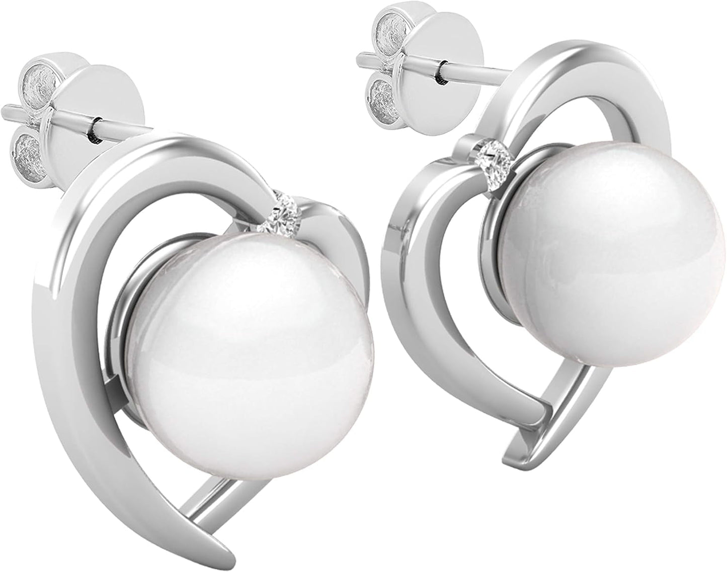 8Mm Each round White Freshwater Pearl & White Diamond Womens Heart Stud Earrings, Available in 10K/14K/18K Solid Gold & 925 Sterling Silver