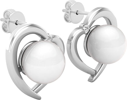 8Mm Each round White Freshwater Pearl & White Diamond Womens Heart Stud Earrings, Available in 10K/14K/18K Solid Gold & 925 Sterling Silver