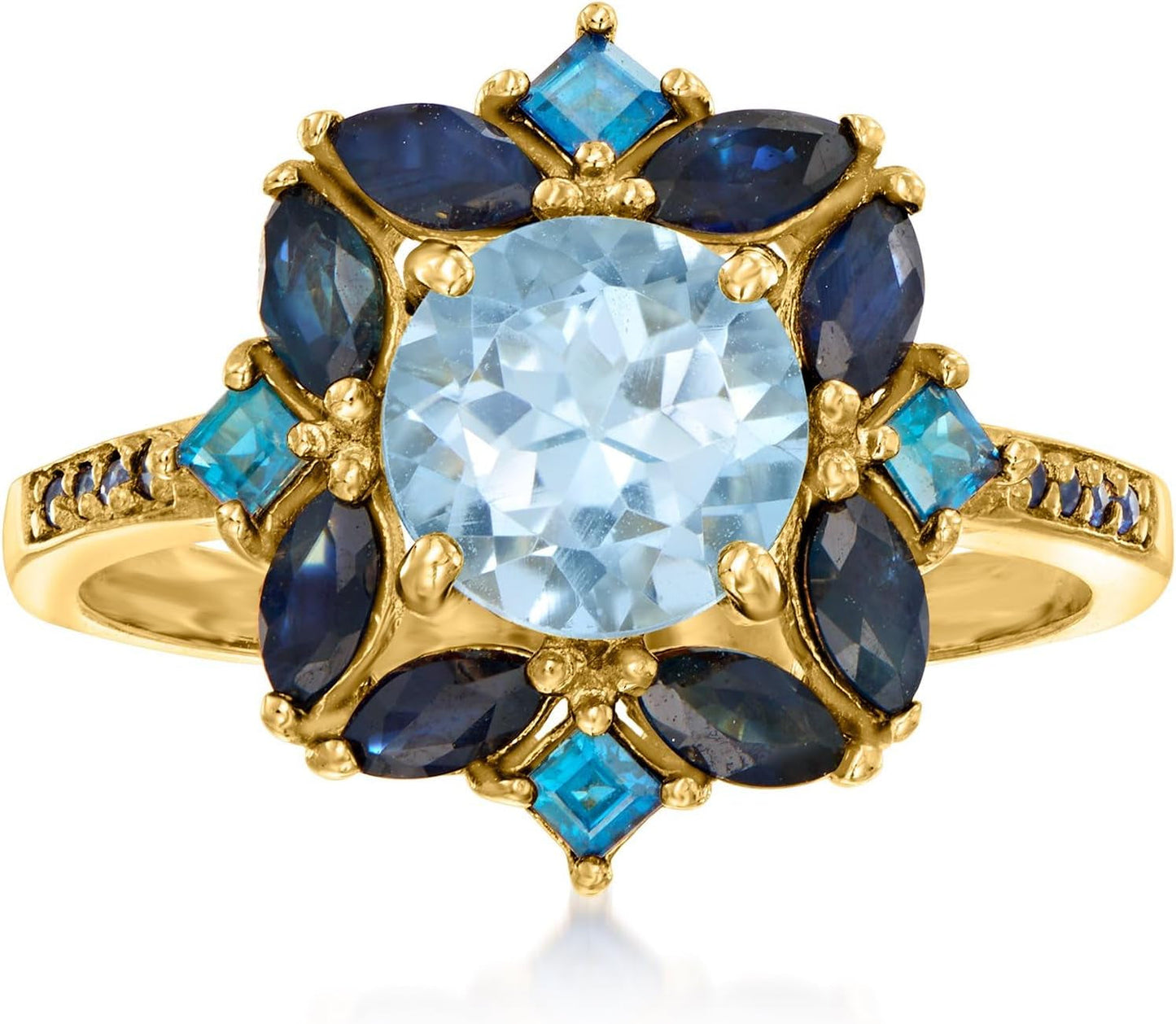 1.80 Carat Sky Blue Topaz, 2.40 Ct. T.W. Sapphire and .80 Ct. T.W. London Blue Topaz Ring in 18Kt Gold over Sterling. Size 7