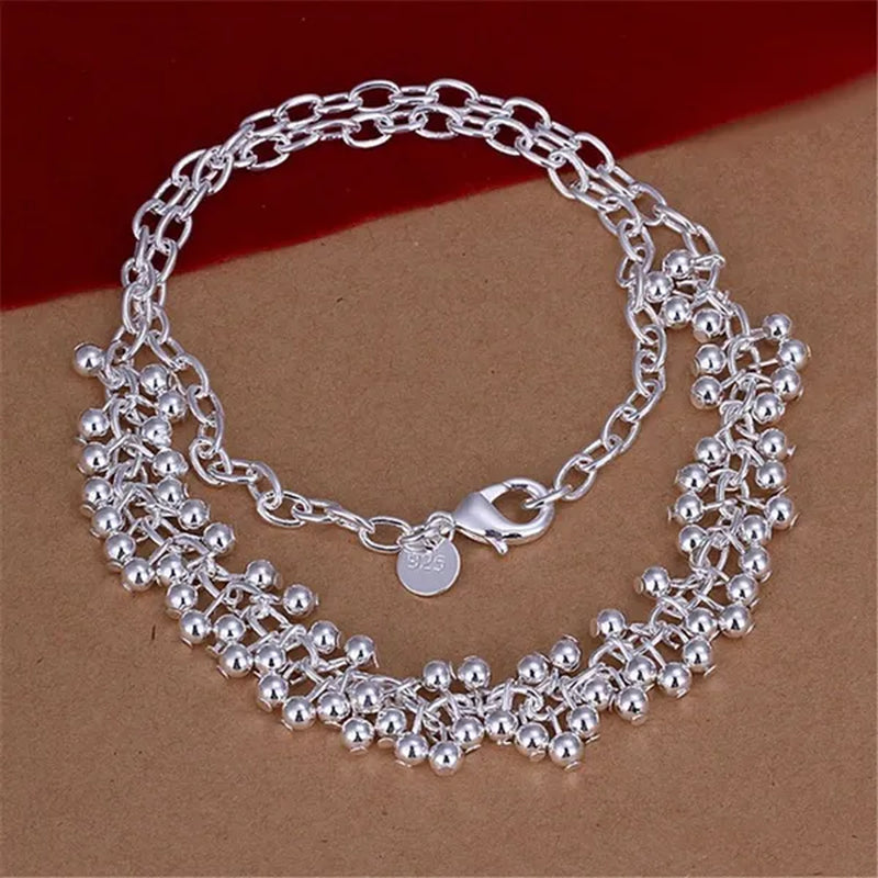 Women's Charm 925 Sterling Silver Fringe Line Frosted Beads Bracelets Elegant Necklace Bridal Wedding Jewelry Set