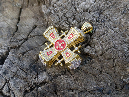 Crusaders Jerusalem Cross Pendant Necklace Gold Plating 18K Enamel Crystallized Stones 1.3"