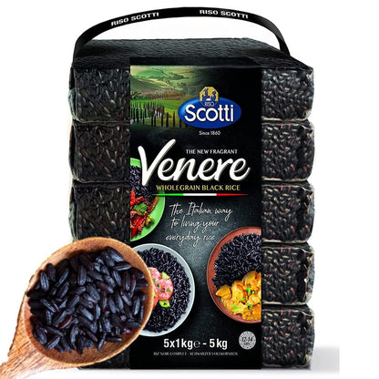 Black Grain Rice, Bulk 11 Lbs (5 X 1 Kg), Product of Italy, Venere, Premium Quality, Wild Ancient Whole Grain Rice, Product of Italy