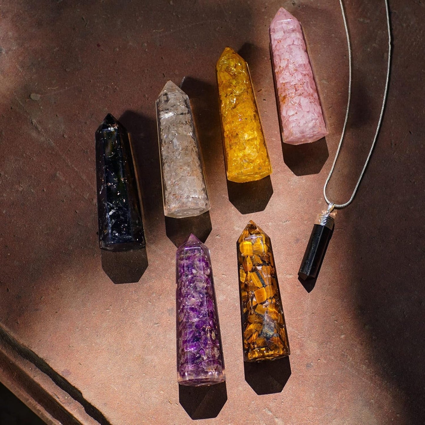 Healing Crystal Wand Set of 6 Orgonite – Includes 3” Amethyst Crystal, Tigers Eye, Rose Quartz, Black Tourmaline Stone, Citrine and Clear Quartz Orgone Crystal plus Black Tourmaline Necklace