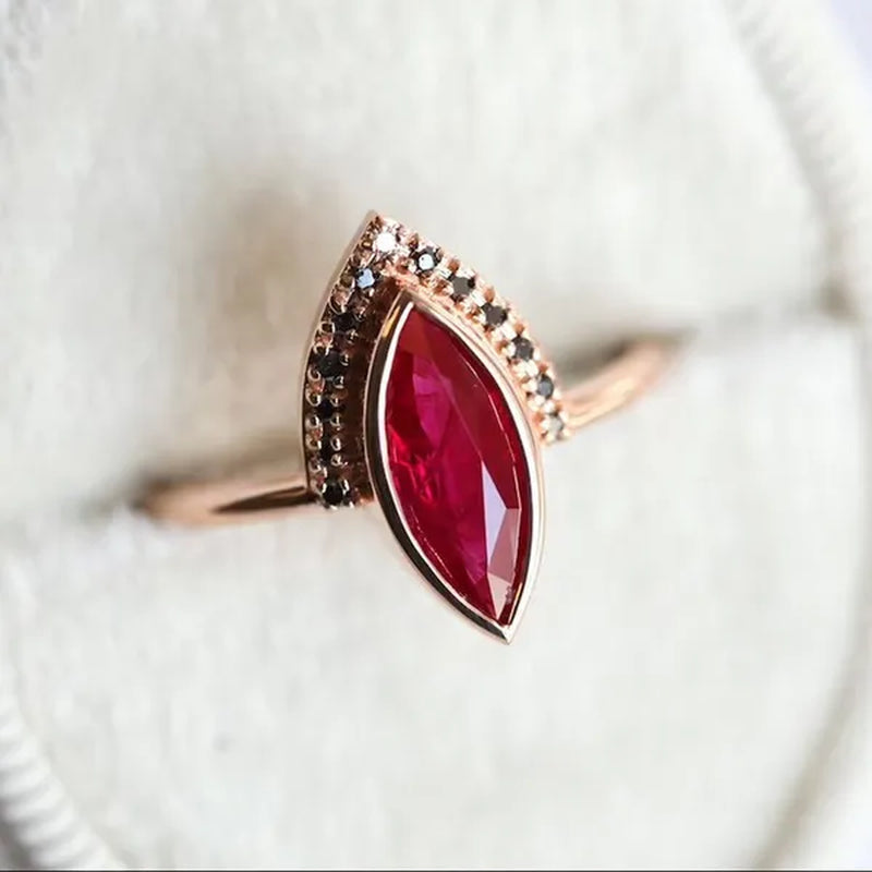 1PC Rose Gold Natural Rhombus 2 In 1 Ruby Engagement Ring Marquise Bridal Wedding Ring with Black Diamonds Women Ruby Ring Diamond Fine Jewelry