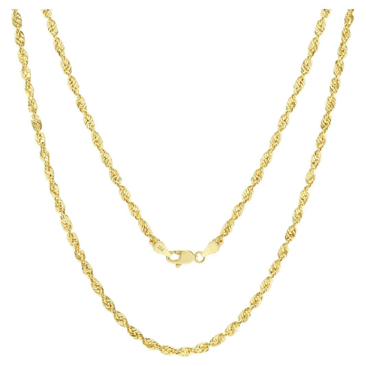 10K Yellow Gold 3Mm Diamond Cut Rope Chain Lightweight Necklace, Mens Womens Jewelry 16" - 30"