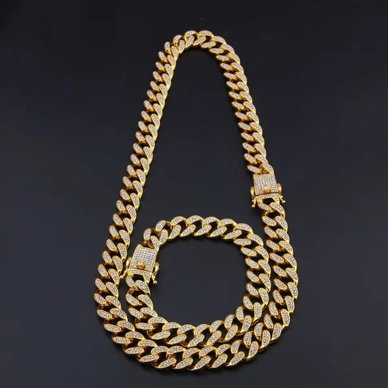Men's Hip Hop Iced Out Paved Rhinestones 13MM Gold/Silver/Rose Gold Full Miami Curb Cuban Chain Bling Necklace Bracelet Set Jewelry Gifts