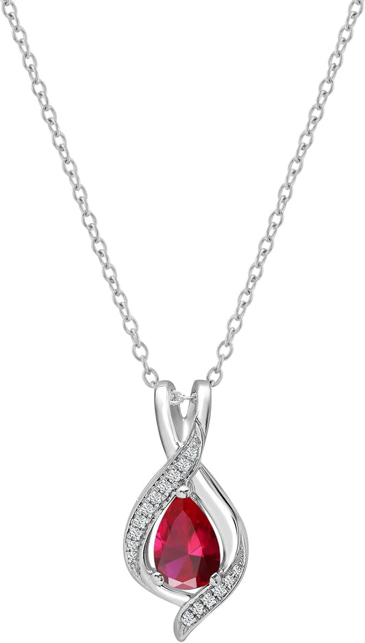 9X6Mm Pear Lab Created Gemstone & round White Diamond Swirl Teardrop Pendant with 18 Inch Chain for Women in Solid Gold - WORLD TIME VISITS