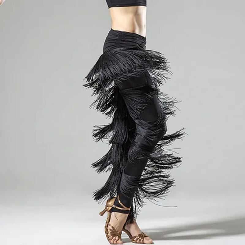 Womens Adult Dancewear Latin Rumba Cha Cha Samba Belly Dance Tassel Fringe Pants Trousers Black - WORLD TIME VISITS