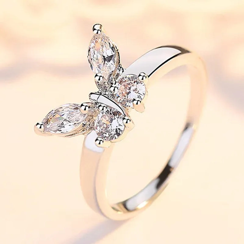 "If you are in full bloom, the butterfly will come" luxury silver crystal butterfly ring cubic zirconia exquisite bridal wedding party ring fashion jewelry (size: 5-11)