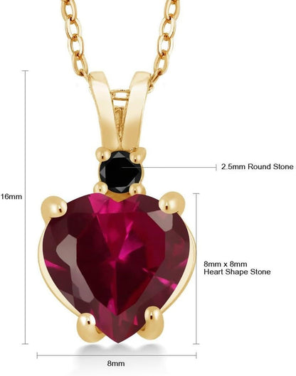 14K Yellow Gold Red Created Ruby and Black Diamond Pendant Necklace for Women (2.25 Cttw, Heart Shape 8MM, with 18 Inch Chain)