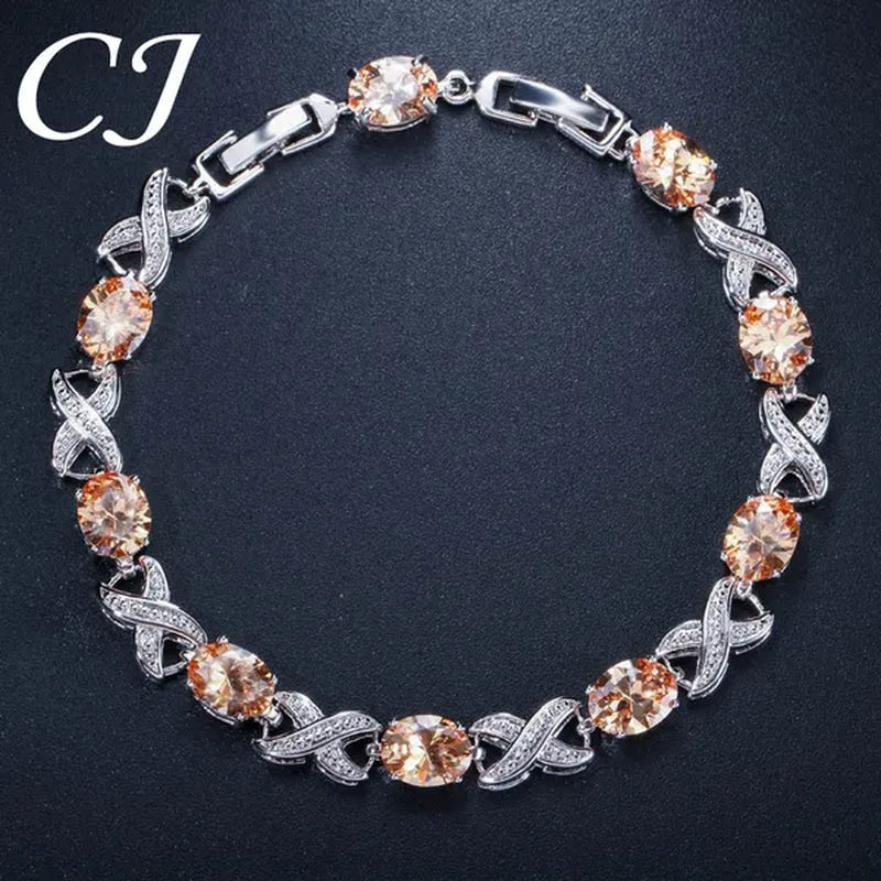 CANDICE Trendy White Gold Plated X Design Tennis Bracelet Pave CZ Connect Oval Multicolor Crystals Stylish Bangle Jewelry for Women Banquet Party Accessories