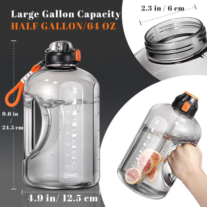 64 OZ Water Bottle with Straw, Half Gallon Water Bottle Times to Drink, Reusable Leak Proof Water Jug Handle with Strap, 2 Lids BPA Free Sports Bottle for Fitness Gym Camping