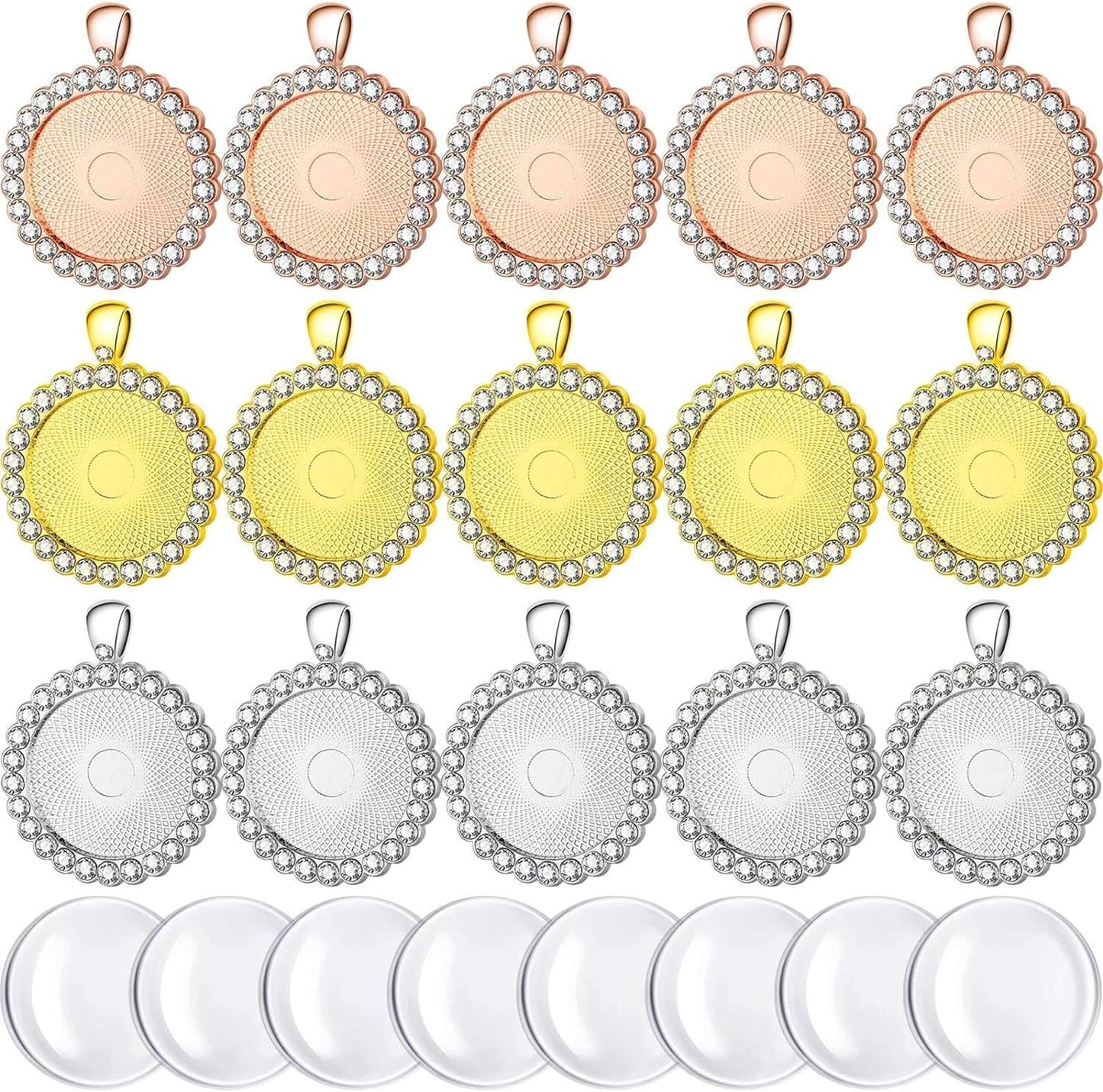 30 Pieces Rhinestone Bezel Pendant Trays Cabochon Pendant Setting Alloy with Clear Glass Cabochons for Photo Pendant DIY Jewelry Making, 3 Colors (Gold, Silver, Rose Gold)