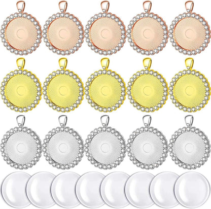 30 Pieces Rhinestone Bezel Pendant Trays Cabochon Pendant Setting Alloy with Clear Glass Cabochons for Photo Pendant DIY Jewelry Making, 3 Colors (Gold, Silver, Rose Gold)