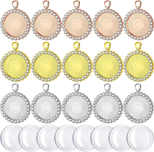 30 Pieces Rhinestone Bezel Pendant Trays Cabochon Pendant Setting Alloy with Clear Glass Cabochons for Photo Pendant DIY Jewelry Making, 3 Colors (Gold, Silver, Rose Gold)