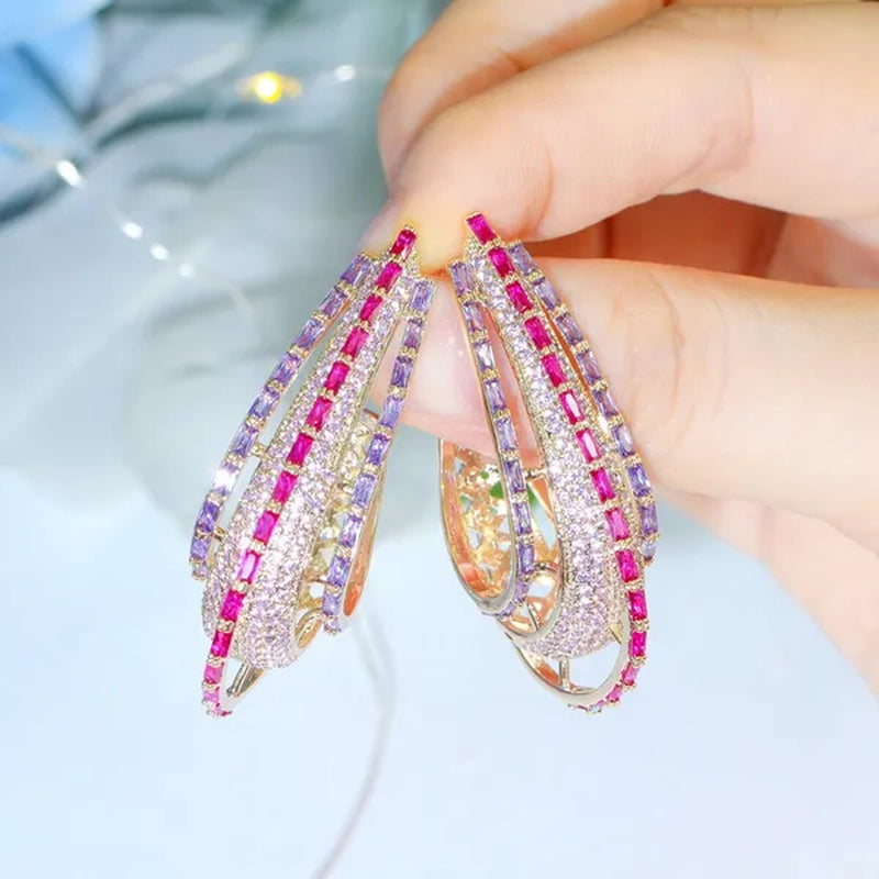 CANDICE Dubai Luxury Trendy Ear Jewelry Full Micro Pave Rose Red Purple CZ Crystal Hollow-out Design Arc Hoop Earrings for Dinner Party - WORLD TIME VISITS