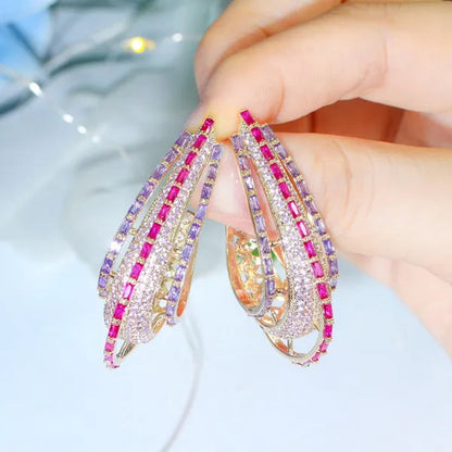 CANDICE Dubai Luxury Trendy Ear Jewelry Full Micro Pave Rose Red Purple CZ Crystal Hollow-out Design Arc Hoop Earrings for Dinner Party - WORLD TIME VISITS