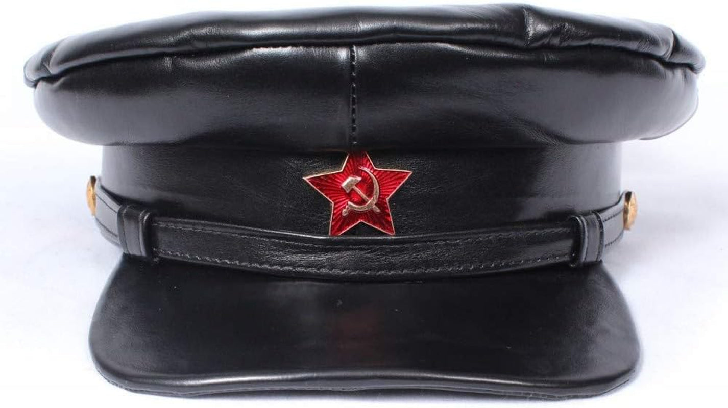 Authentic Kommisarka Soviet NKVD Officer Visor Hat WW2 Russian Vintage Leather Peaked Hat with Soviet Red Star Badge