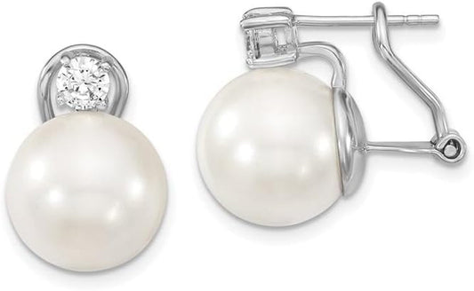 925 Sterling Silver White Imitation Shell Pearl Cubic Zirconia Omega Back Earrings Fine Jewelry for Women Gifts for Her (12-13Mm)