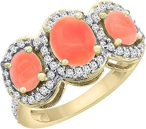 10K Yellow Gold Natural Coral 3-Stone Ring Oval Diamond Accent, Sizes 5-10