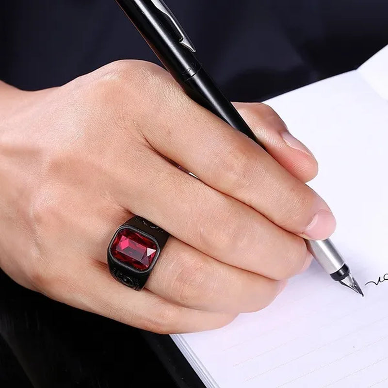 Cool Men Punk Ruby Rings Oval Red Crystal Ring Garnet Black Metal Stainless Steel Ring Fashion Jewelry