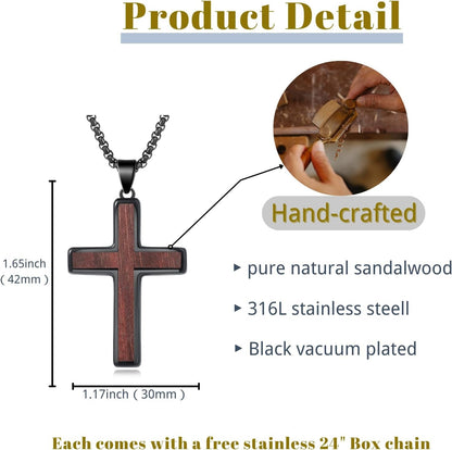 Wooden Cross Necklace for Men, Natural Sandalwood Inlaid with Black Stainless Steel Pendant, Mens Cross Necklaces Including 24 Inch Box Chain. Christmas Gifts for Husbands, Fathers, Sons, and Friends. ﻿