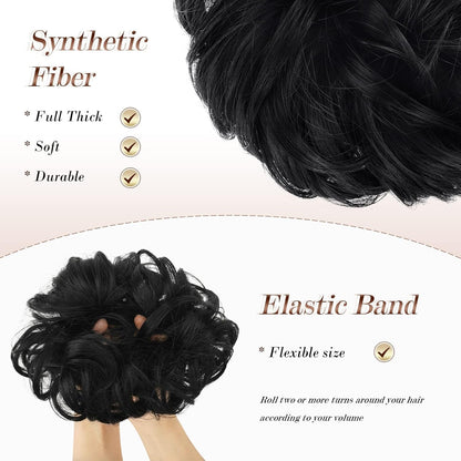 Messy Bun Hair Piece - Elastic Wavy Curly Hair Bun Scrunchies Extensions Synthetic Chignon Hairpieces for Women Girls, Black 1 PCS