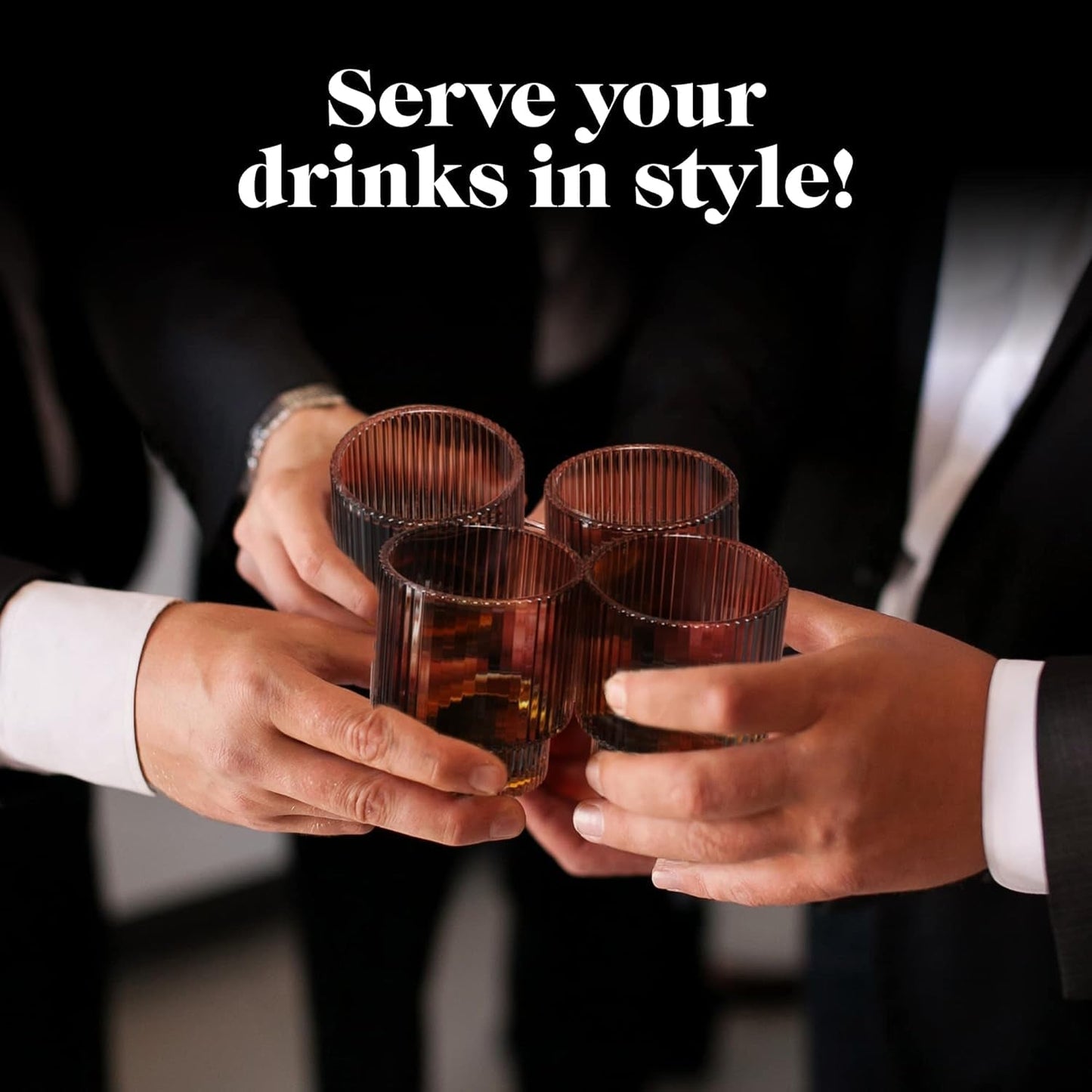 Vintage Art Deco Fluted Drinking Glasses, Set of 4 Modern Kitchen Glassware Set | Old Fashion Tumbler for Cocktails and Water | Ribbed Lowball Glass Cup for Whiskey (Smoke Grey)