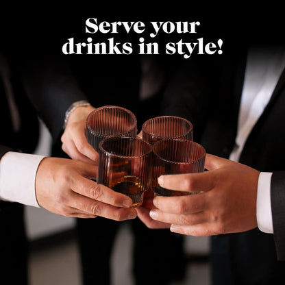 Vintage Art Deco Fluted Drinking Glasses, Set of 4 Modern Kitchen Glassware Set | Old Fashion Tumbler for Cocktails and Water | Ribbed Lowball Glass Cup for Whiskey (Smoke Grey)