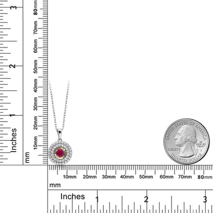 925 Sterling Silver and 10K Yellow Gold round Red Created Ruby and White Moissanite Pendant Necklace for Women (0.59 Cttw, with 18 Inch Chain)