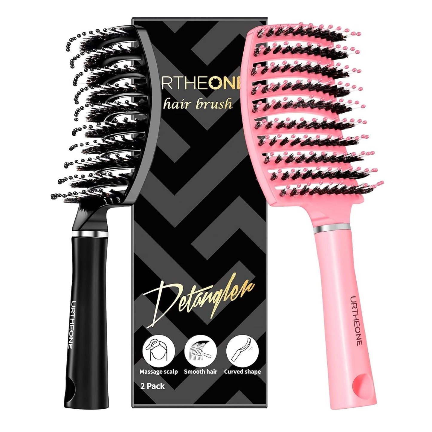 Hair Brush, Detangling Hairbrush Boar Bristle Curved Vented Hair Brush for Women Men Kids Curly Thick Long Short Wet or Dry Hair, Faster Blow Drying(2Pack, Black&Pink)
