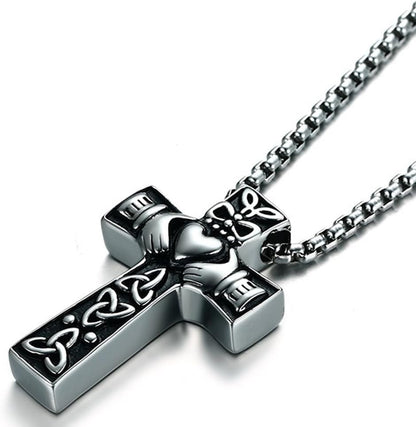 Retro Vintage Stainless Steel Celtic Knot Claddagh Jesus Cross Heart Pendant Necklace