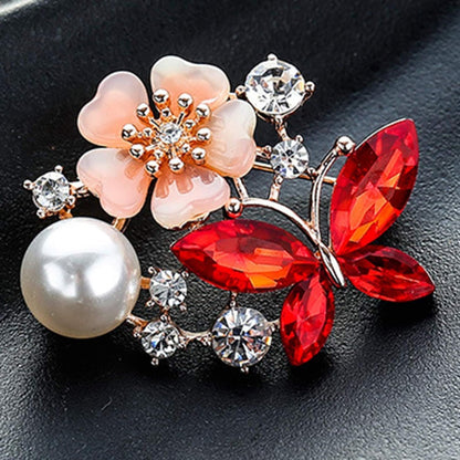 Women Faux Quartz Butterfly Flower Imitation Pearl Brooch Pin Lapel Clip Decoration Festival Birthday Gift- Rose Gold Festival Birthday Gift- Blue