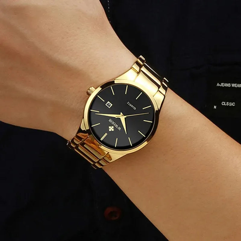 relojes hombre 2020 WWOOR Gold Watch Men Luxury Mens Quartz Wristwatch Business Watch Stainless Steel Waterproof Auto Date Clock with gift box - WORLD TIME VISITS