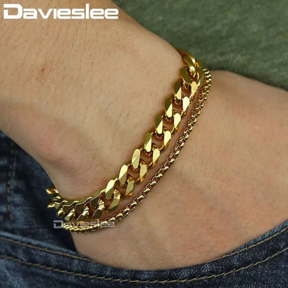 9mm Bracelet for Men Women Curb Cuban Box Link Double Chain Gold Silver Black Tone Gold Plated Stainless Steel Wristband Polished Fashion Jewelry