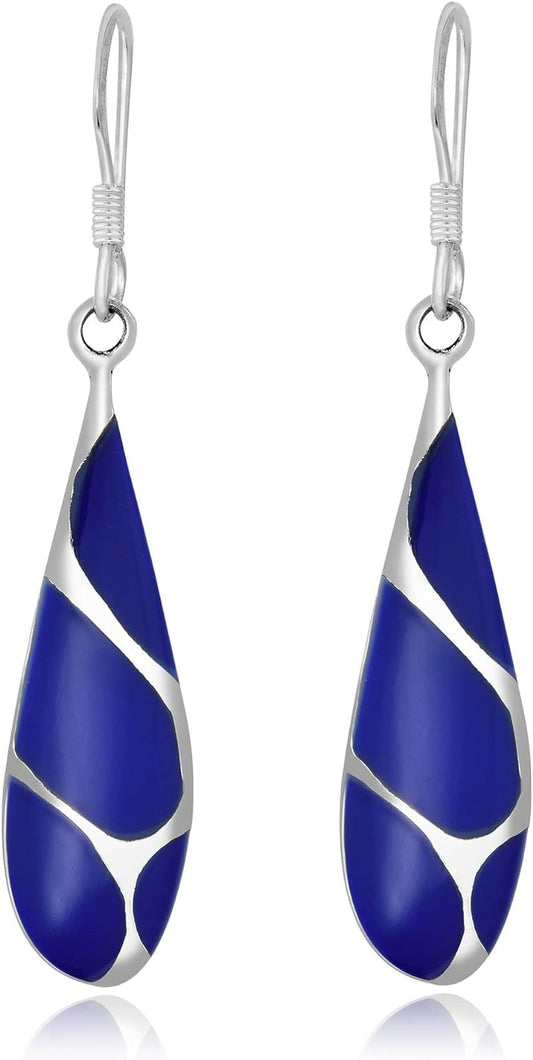 Vintage Lapis Streak Teardrop Birthstone Sterling Silver Earrings, 0.35X1.77 Inch