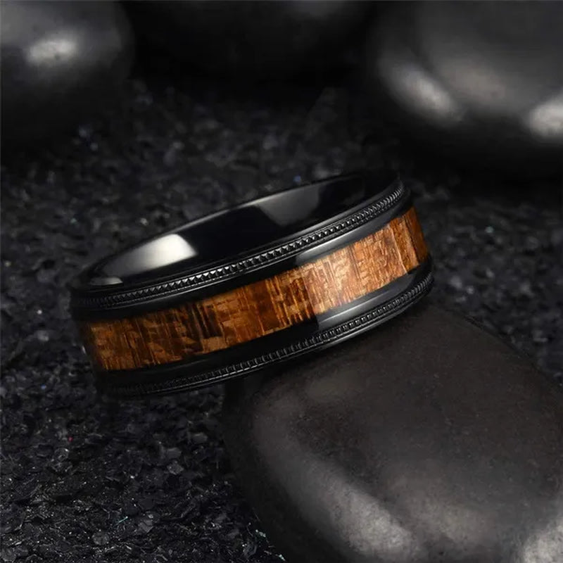 Luxury Jewelry Accessories Plus Size Mens Ring 8mm 316L Stainless Steel Wedding Ring Inlay Koa Wood Sawtooth Edge Titanium Steel Rings for Men