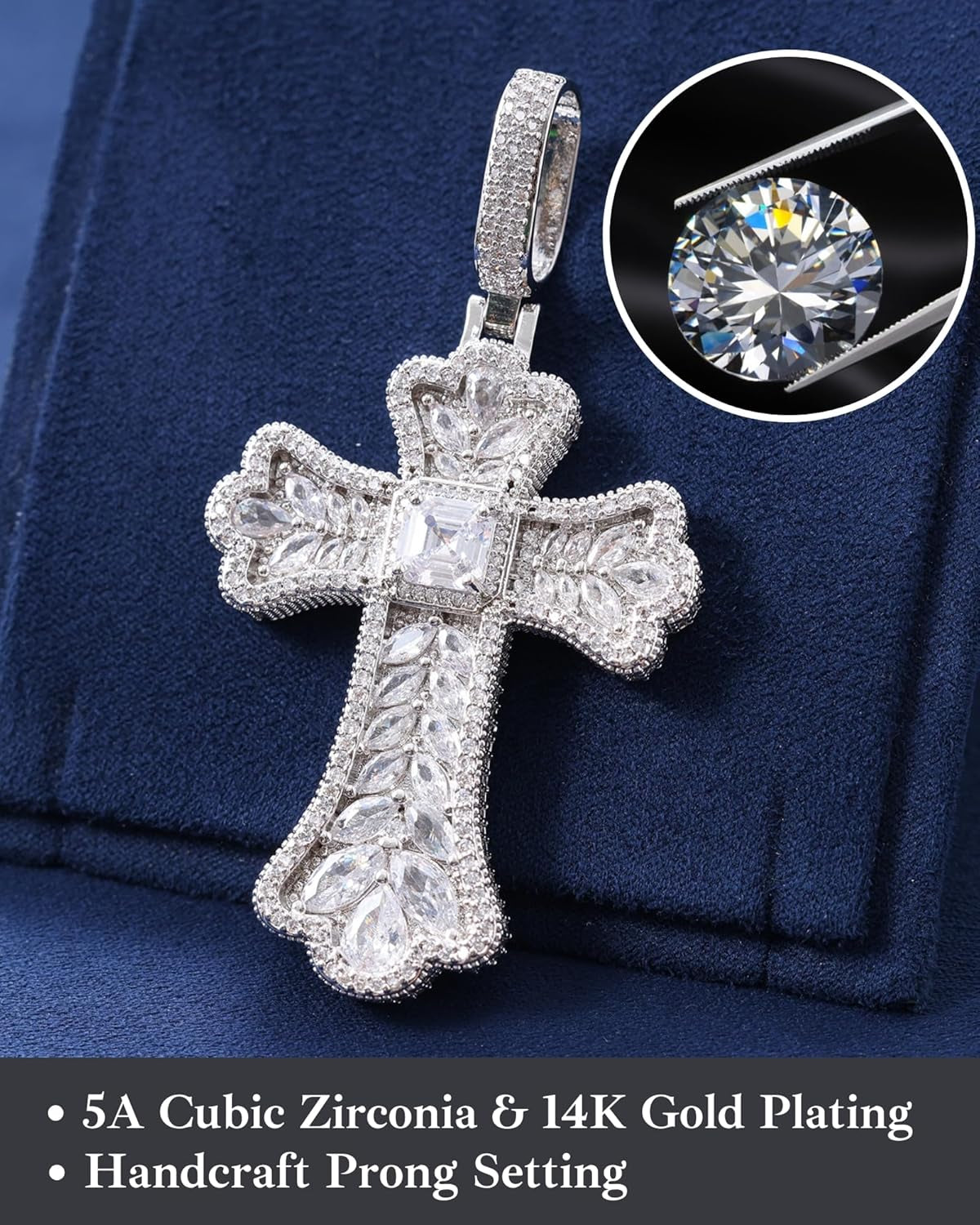 Gothic Colorful Iced Out Cross Pendant with 20" Stainless Steel Rope Chain, Heavyweight Oversized Design, 14K Gold Plated, 5A CZ Stones, Hip-Hop Religious Jewelry for Men & Women - WORLD TIME VISITS