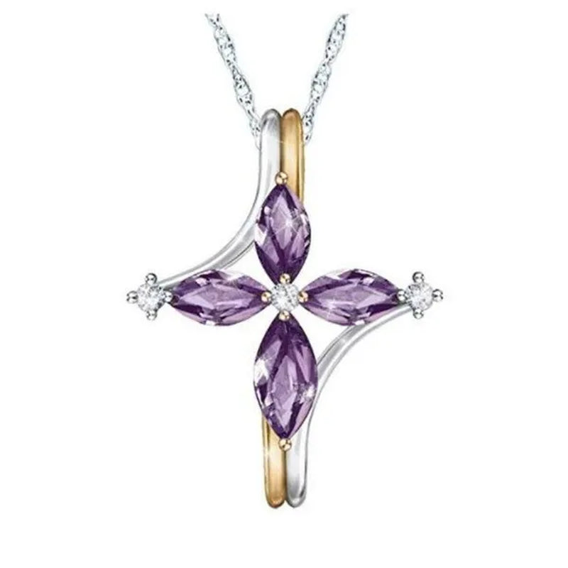 Exquisite 925 Sterling Silver Goldplated Natural Sapphire Amethyst Cross Ring Earrings Necklace Bride Princess Wedding Engagement Birthstone Jewelry Set Ring Size 5-10