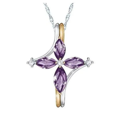Exquisite 925 Sterling Silver Goldplated Natural Sapphire Amethyst Cross Ring Earrings Necklace Bride Princess Wedding Engagement Birthstone Jewelry Set Ring Size 5-10