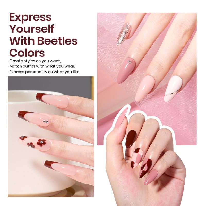 Beetles Gel Nail Polish Kit with Uv Light Starter Kit 6 Colors Soft Pink Nude White Gel with Base Gel Top Coat Cuticle Oils Nail Accessories for Girls Women Glitter Gel Polish Set Gift for Her