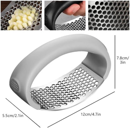 Garlic Press Rocker, Portable Manual Stainless Steel Garlic Press Rocker Crusher Masher with Garlic Peeling Drum for Home Kitchen Utensils (Black)