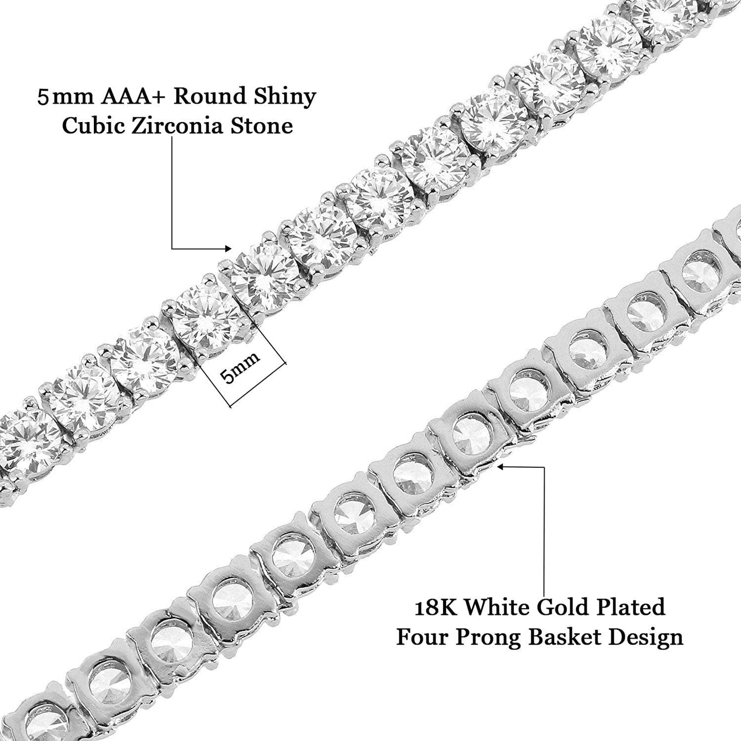 Tennis Necklace 18K White Gold Plated | 5.0-6.0Mm round Cubic Zirconia Cut Faux Diamond Tennis Chain for Women and Men 14-24 Inches