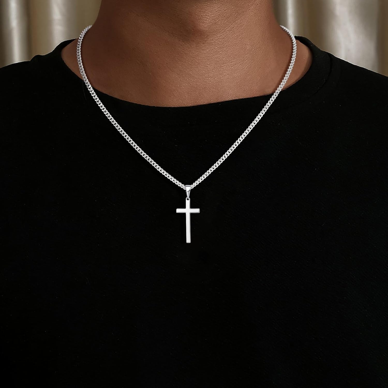 925 Sterling Silver Cross Necklace for Men, 3.5MM Diamond Cut Cuban Link Chain Silver Cross Necklace Christian Gifts for Boyfriend Father Husband - WORLD TIME VISITS