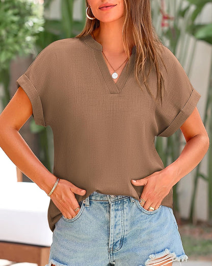 Womens Summer Tops 2025 V Neck Short Sleeve Tshirt Loose Flowy Tunics Solid Color Dressy Casual Blouse Shirts