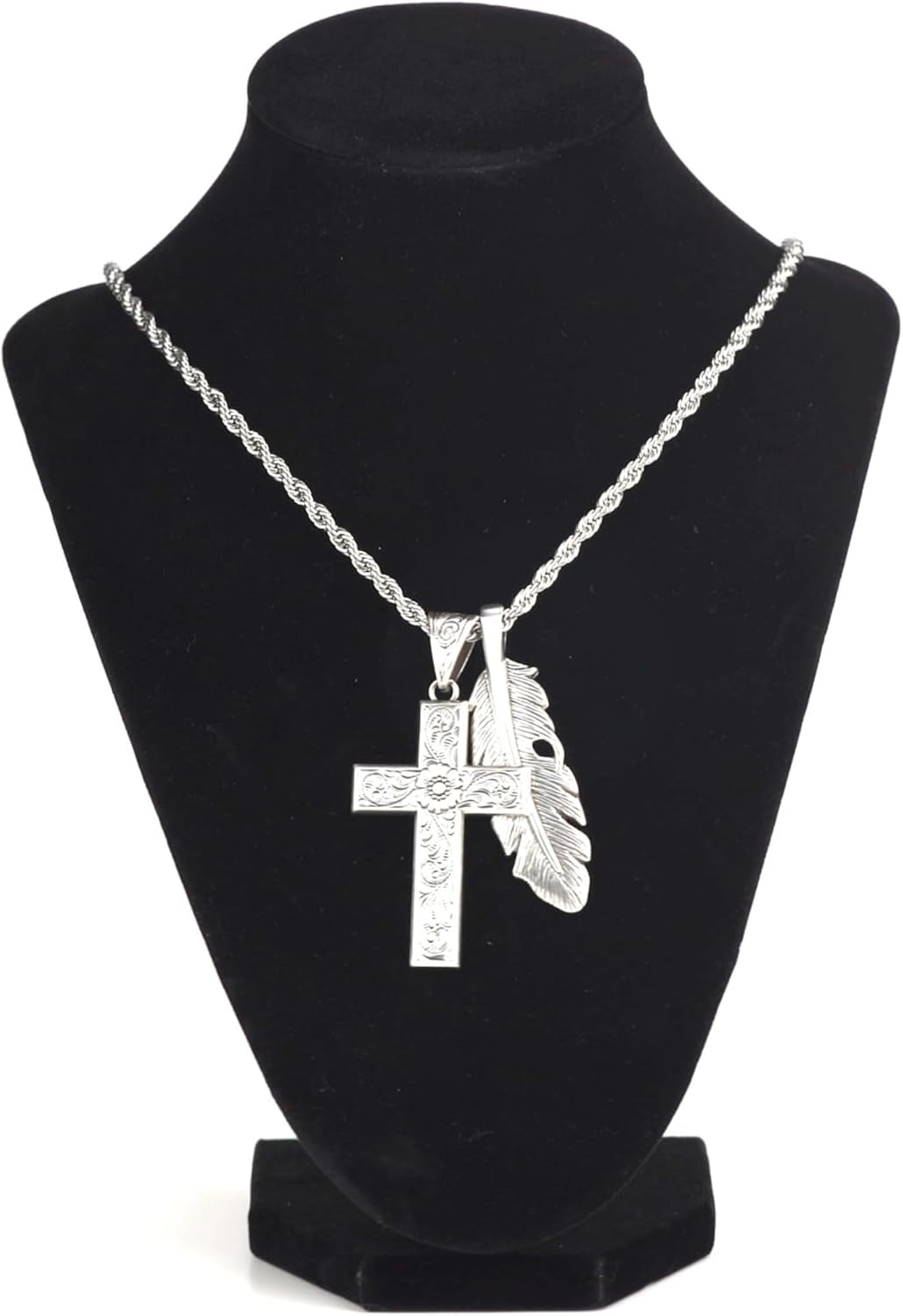 Twister Cross & Feather Necklace, Silver, 24” Chain